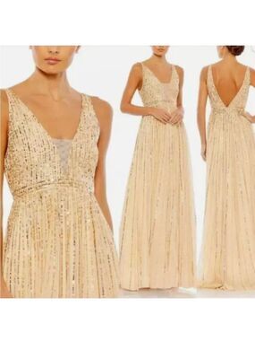 Mac Duggal A-line Sequin Plunge Neck Gown in Gold Sunset Wedding Prom Size 2